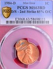 1984-d Double Struck Error Lincoln Memorial Cent  Pcgs Ms-63 Rd