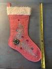 2x Vtg Mcm Homemade Felt Christmas Stockings Sequin Glitter Pom Pom Fur Pink Red