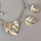 Vintage Leaf Cluster Necklace Clip On Earrings Set Ab Blue Rhinestones Gold Tone
