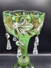 Antique Victorian Green Glass Mantle Lustre Crystal Prism Gold Leaf Pattern