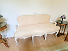 French Antique Vintage White Ornate Carved Wood Sofa  Beige Upholstery Settee