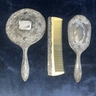 Silver Plated Vanity Set Vtg Hand Mirror Hair Brush Comb Victorian Art Nouveau
