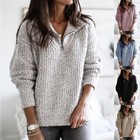Womens Knitted Long Sleeve Tops Pullover Ladies Zip V Neck Loose Jumper Sweater