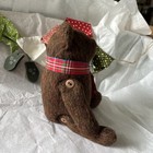 Vtg Teddy Bear Dark Brown Shaved Felted Wool Plaid Scarf Button Jointed Handmade