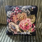 2x Vintage Needlepoint Pillows Black Rose Flowers Floral  Zip Cover 12x12 Velvet