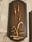 Vtg 1970s Brass   Wood Plaque Pair Hanging Wall Art Cattails Cat Tails Decor Mcm
