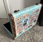 Vintage Look Suitcase With Travel Stickers Rustic Decor W leather Studded Straps