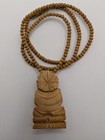 Carved Wooden Buddha Buddhist Pendant On Wood Bead Necklace  17 Inches Long 