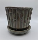 Vintage Mccoy 0372 Planter Flower Pot Pottery Green Bamboo W  Saucer Mid Century