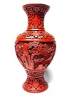 Vintage Chinese Cinnabar Style Carved Vase Red Lacquer Scenic Relief Height 8