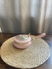 Vintage Pink Porcelain Vanity Powder Jar  Victorian Scene Gold Trim Dresser Box