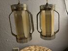 Vtg Mcm Hanging Lantern Light Fixtures Brass Gold Filigree Regency Swag Pair