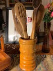 Vtg Treen Ware Wooden Utensil Holder Hand Turned Honey Brown Rustic Country