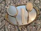 Vtg Gilt 4pc Set Gemlite Vanity Tray Mirror Comb Brush Hollywood Regency