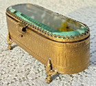 Vintage Gold Ormolu Jewelry Box Glass Lid Footed Casket Hollywood Regency