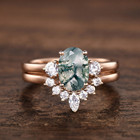 Moss Agate Ring Set 14k Rose Gold  Oval Cut Moss Agate Engagement Ring For Her 