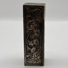 Vintage Floral Etched Silver Green Jade Gemstone Lipstick Holder case Mirror