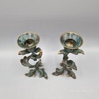 Vintage Set Of 2 Figural Leaf Vine Solid Brass Painted Candle Holder 6 25  Tall
