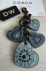 New Coach Embellished Light   Dark Blue Leather Hearts Bag Charm Key Chain