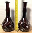 Pair Of Antique Barber Bottles Vases Amethyst Purple Enamel Paint Hand Blown