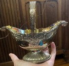 Vintage Japan A Price Import Metal Basket Deep Boat Bowl With Handle Floral