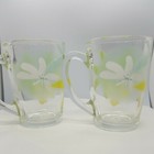 Vtg Luminarc Tempered Glass Coffee Mugs W greenyellowwhite Flowers 14oz Set Of 2