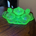 Vintage Art Deco Sowerby Uranium Glass Vanity Set Tray Candlesticks Powder Jar