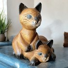 Vintage Hand Carved Wooden Cats Blue Eyed Siamese Sculpture Figurine Duo Mcm