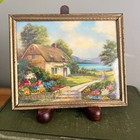Vintage Miniature Framed Country Cottage Landscape Print Gold Tone Metal Frame