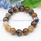 7 5  Genuine Natural 12mm Brown Stripe Agate Round Gems Beads Stretch Bracelet