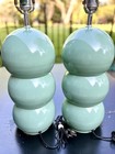Vintage Mcm Seafoam Green Metal Triple Gourd Lamp 3 Ball Modern Table Lamp Pair
