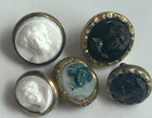 5 Antique Jenny Lind Buttons Waistcoat Glass W brass Milkglass Painted Paris