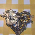 Vintage Silver Tone Nautical Brooch Pin Anchor Ship Wheel Sailboat