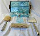 Antique 8 Piece Turquoise Vanity Dresser Set Mirror Brushes Glass Jars Atomizer