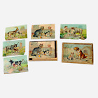 Antique Victorian Puzzle Blocks 6 Sided Wood Box Cats Dogs Animals Litho Vintage