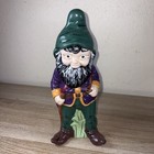 Pair Of Vintage Ceramic Garden Gnomes Green Pants And Hat Purple And Yellow Coat
