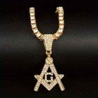 Iced Gold Plated Masonic Freemason Pendant   1 Row Cubic Zirconia Chain Necklace