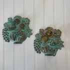 Vintage Brass Fruit Basket Wall Sconces Pair Verdigris Patina Grapes Floral