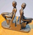 Rare Pair Art Deco Nuart Nude Flapper Lady Spelter Metal Bookends Art Deco Set