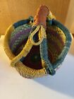Bolga Market Basket Hand Woven Multicolor With Leather Wrapped Handle  10     read