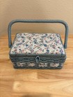 Vintage Azar Blue Floral Wicker Sewing Basket Filled W notions - New Condition