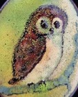 Vintage Mid Century Oval Enameled Copper Owl Brooch Artisan Handmade Whimsical