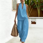 Summer Neck Pants Women s Outfit 2 Set Top Baggy Leg Halter V Piece Wide Linen
