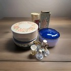 Lot Of 10 Vintage Perfume And Vanity Bottles Powder Boxes Mostly Empty