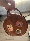 Vintage Rare Genuine Leather Hatbox Purse Travel Stamps Theme W  Strap Unbranded