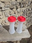 Tupperware Large Hourglass Salt   Pepper Shaker Set Red Seals 6  Set Of 2 New 