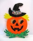 Vintage Melted Plastic Popcorn Halloween Jack O Lantern Pumpkin With Witch Hat