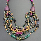 Tribal Seed   Wood Bead Multistrand Bib Necklace Magenta Turquoise Vintage 25 