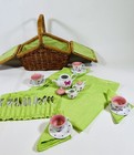 Schylling 30 Piece Mini Porcelain Butterfly Wicker Picnic Basket Tea Set Green
