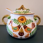 Vintage Hand Painted Pottery Italian Ceramic Soup Tureen Ladle Lid Bird Design